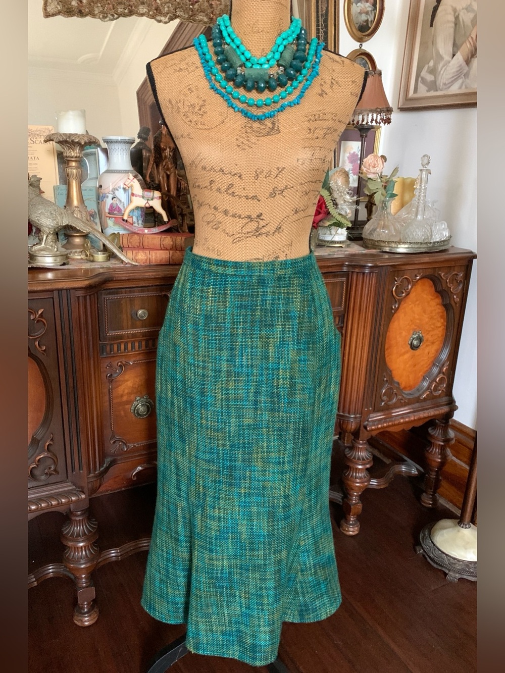 Vintage Victorian-inspired 50's-inspo Edwardian-inspo Turquoise Tweed Skirt